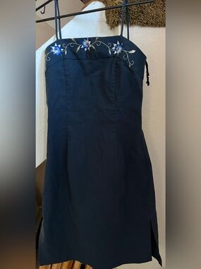 RAMPAGE Navy Spaghetti Strap Dress with Blue Floral Embroidery - Size 9